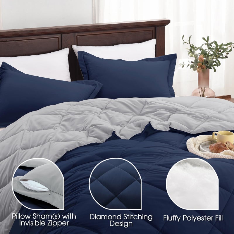 Basic Beyond Queen Comforter Set - Navy Blue Comforter Set Queen Size, Reversible Bed Comforter Queen Set for All Seasons, Navy/Grey, 1 Comforter (88"x92") and 2 Pillow Shams (20"x26"+2") - Image 4